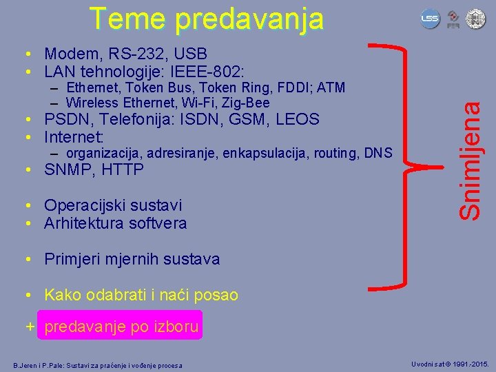 Teme predavanja – Ethernet, Token Bus, Token Ring, FDDI; ATM – Wireless Ethernet, Wi-Fi,