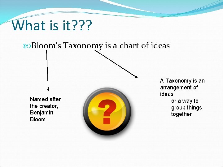 What is it? ? ? Bloom’s Taxonomy is a chart of ideas Named after