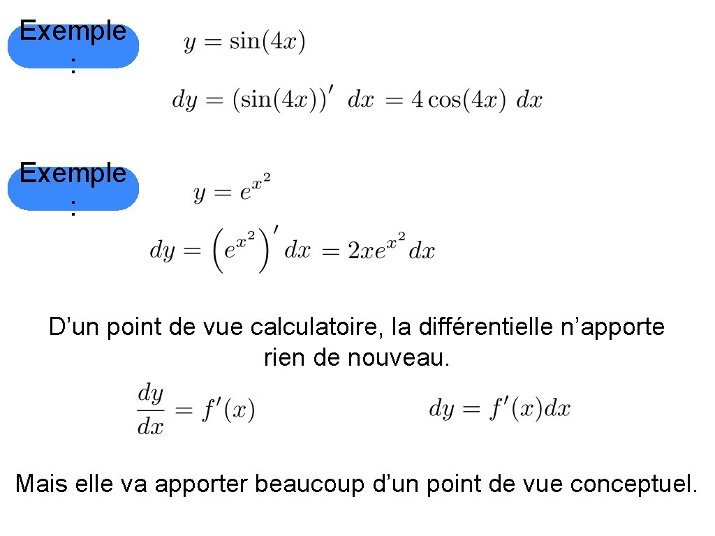 Exemple : D’un point de vue calculatoire, la différentielle n’apporte rien de nouveau. Mais