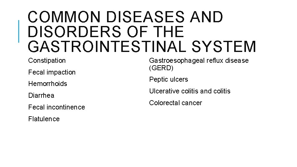 COMMON DISEASES AND DISORDERS OF THE GASTROINTESTINAL SYSTEM Constipation Fecal impaction Hemorrhoids Diarrhea Fecal
