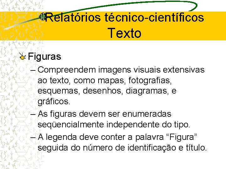 Relatórios técnico-científicos Texto Figuras – Compreendem imagens visuais extensivas ao texto, como mapas, fotografias,
