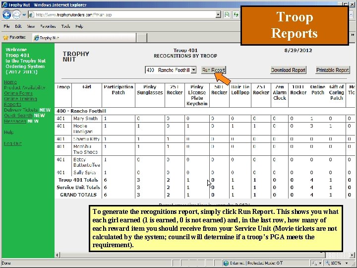 Troop Reports To generate the recognitions report, simply click Run Report. This shows you