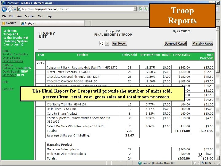 Troop Reports The Final Report for Troops will provide the number of units sold,