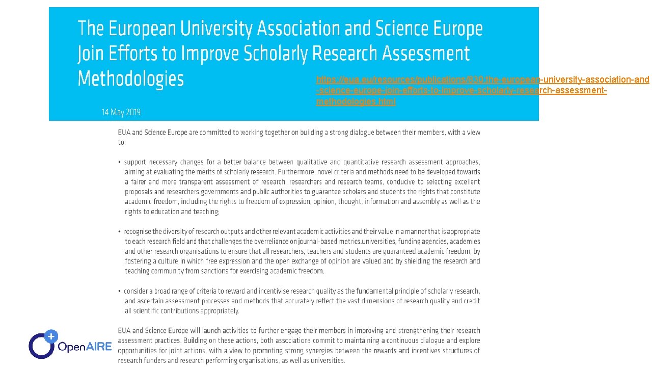 https: //eua. eu/resources/publications/830: the-european-university-association-and -science-europe-join-efforts-to-improve-scholarly-research-assessmentmethodologies. html 