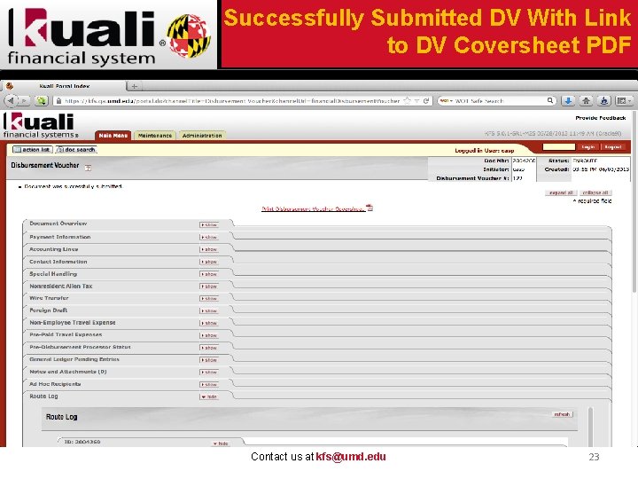 Successfully Submitted DV With Link to DV Coversheet PDF Contact us at kfs@umd. edu