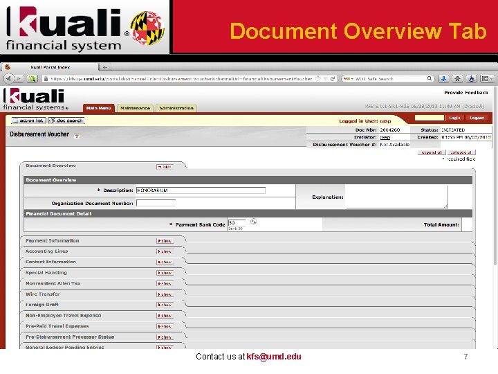 Document Overview Tab Contact us at kfs@umd. edu 7 