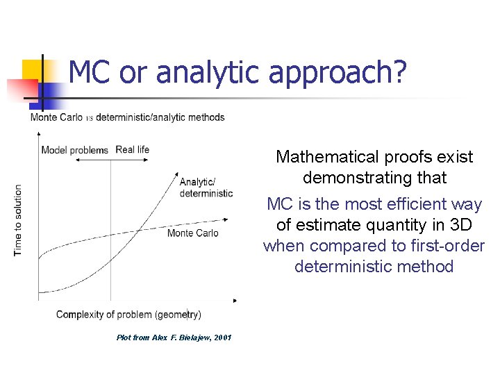 MC or analytic approach? Mathematical proofs exist demonstrating that MC is the most efficient