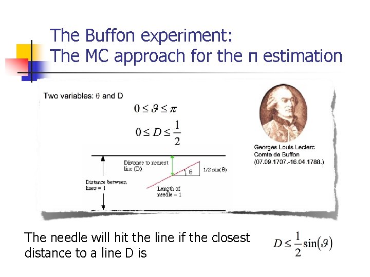 The Buffon experiment: The MC approach for the π estimation The needle will hit