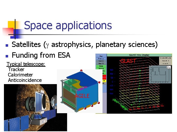 Space applications n n Satellites (g astrophysics, planetary sciences) Funding from ESA GLAST Typical