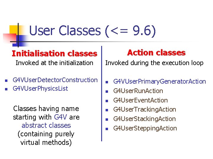 User Classes (<= 9. 6) Action classes Initialisation classes Invoked at the initialization n