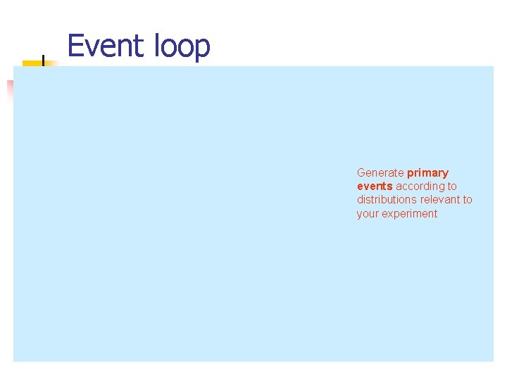 Event loop Generate primary events according to distributions relevant to your experiment 