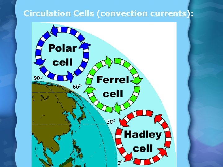 Circulation Cells (convection currents): 90 O 60 O 30 O 0 O 