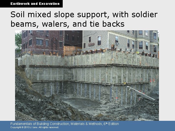 Earthwork and Excavation Soil mixed slope support, with soldier beams, walers, and tie backs