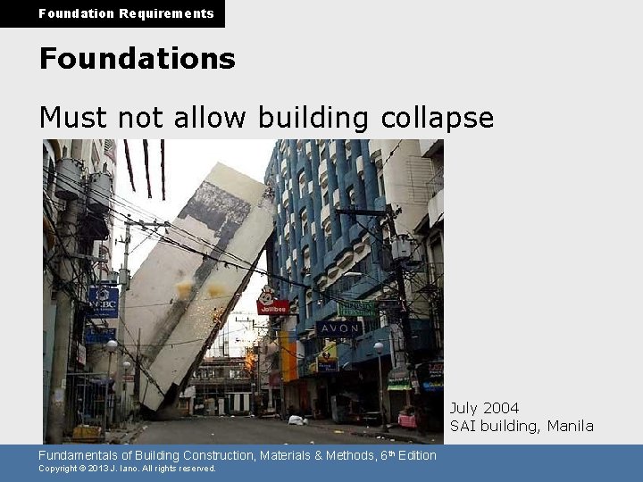 Foundation Requirements Foundations Must not allow building collapse July 2004 SAI building, Manila Fundamentals