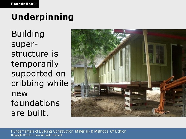 Foundations Underpinning Building superstructure is temporarily supported on cribbing while new foundations are built.