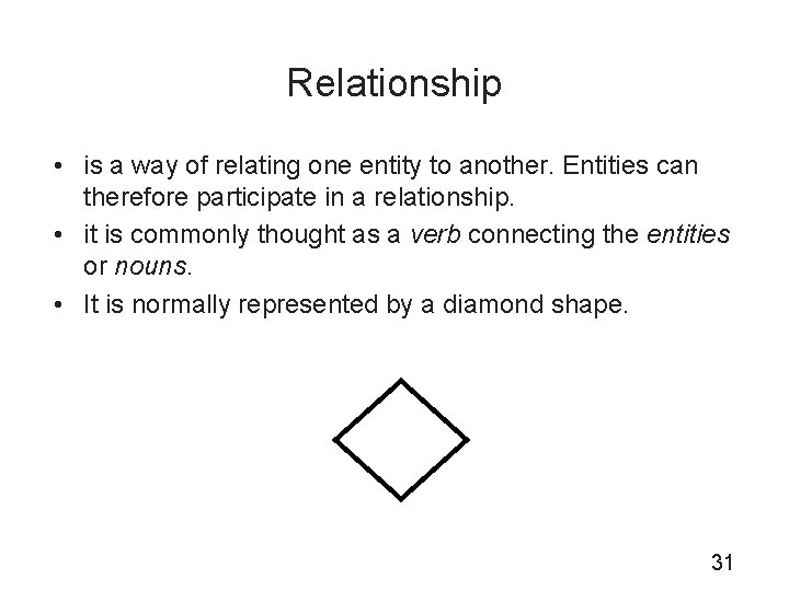 Relationship • is a way of relating one entity to another. Entities can therefore