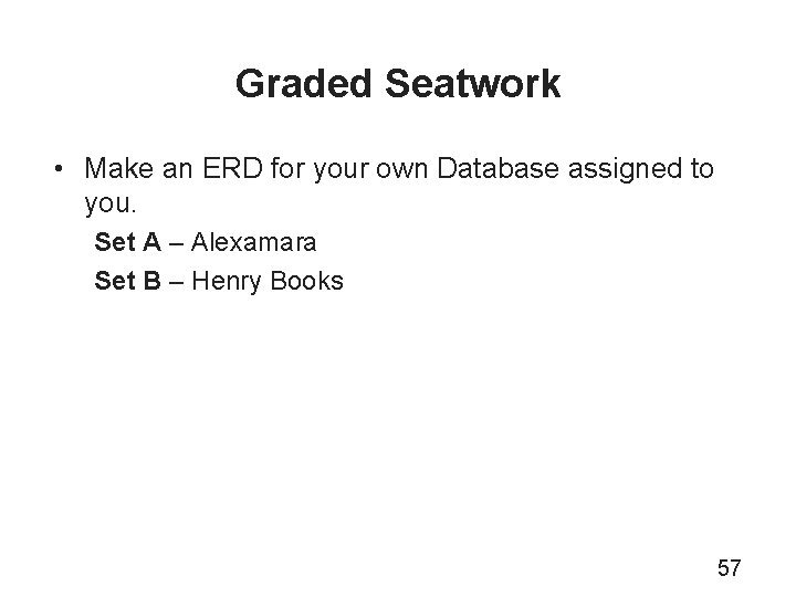 Graded Seatwork • Make an ERD for your own Database assigned to you. Set