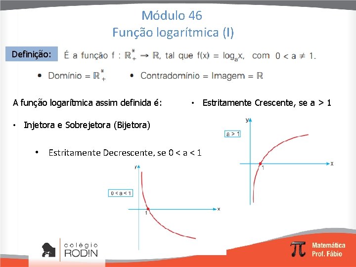 Módulo 46 Função logarítmica (I) Definição: A função logarítmica assim definida é: • Estritamente