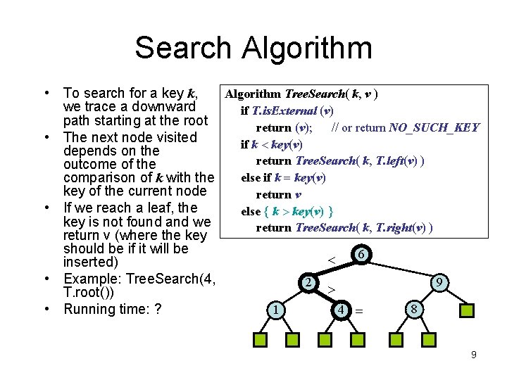 Search Algorithm • To search for a key k, Algorithm Tree. Search( k, v