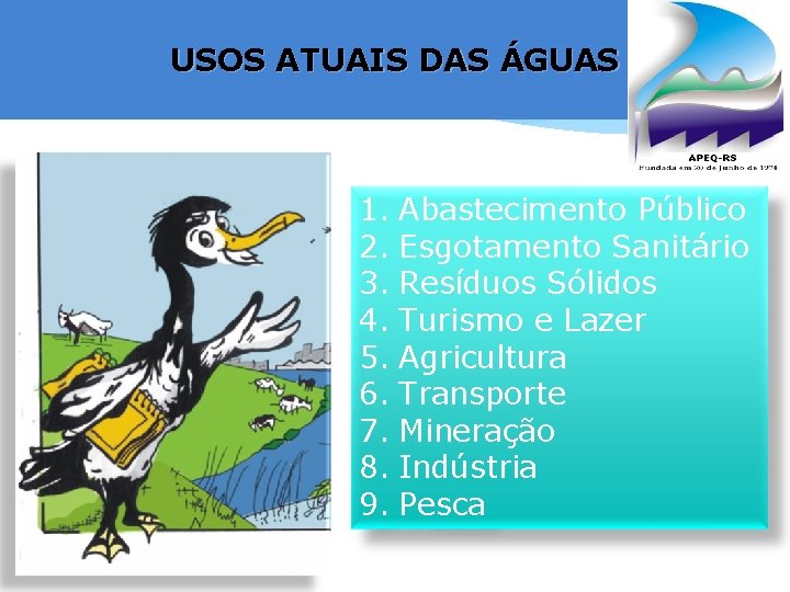 USOS ATUAIS DAS ÁGUAS 1. Abastecimento Público 2. Esgotamento Sanitário 3. Resíduos Sólidos 4.