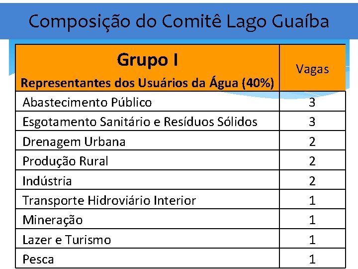 Composição do Comitê Lago Guaíba Grupo I Representantes dos Usuários da Água (40%) Abastecimento