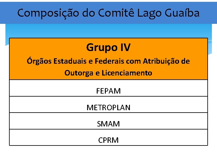 Composição do Comitê Lago Guaíba Grupo IV Órgãos Estaduais e Federais com Atribuição de