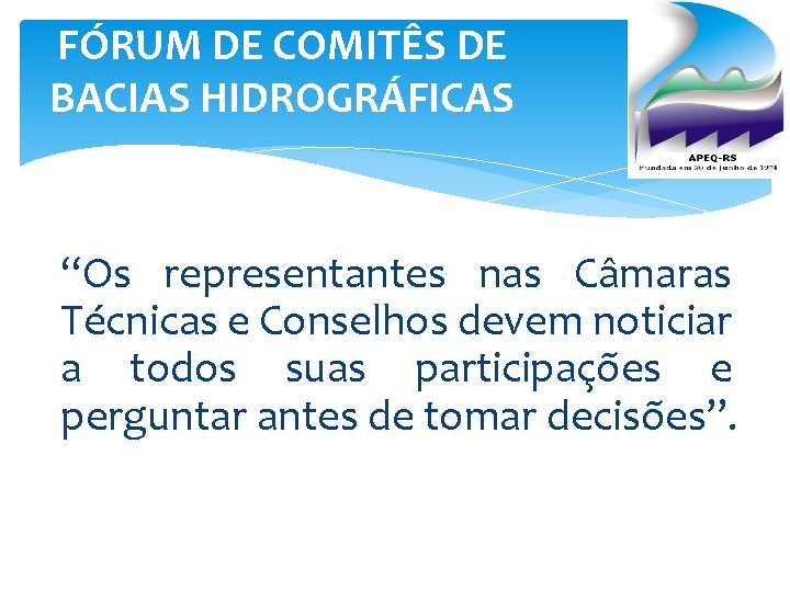 FÓRUM DE COMITÊS DE BACIAS HIDROGRÁFICAS “Os representantes nas Câmaras Técnicas e Conselhos devem