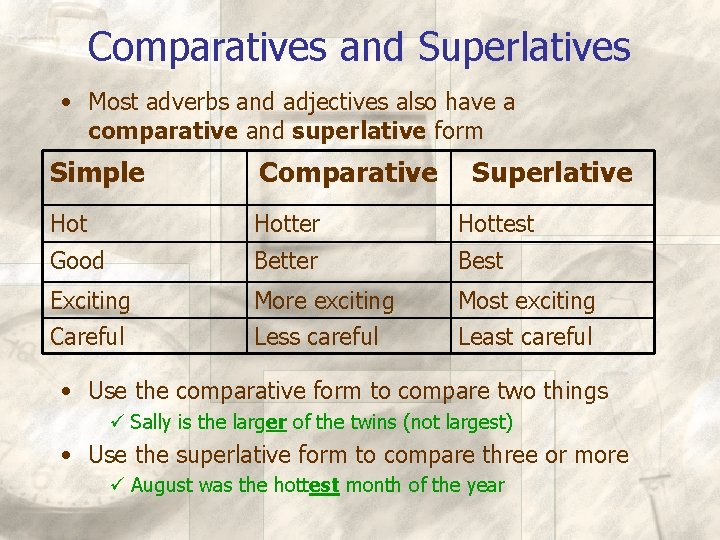 Comparatives and Superlatives • Most adverbs and adjectives also have a comparative and superlative