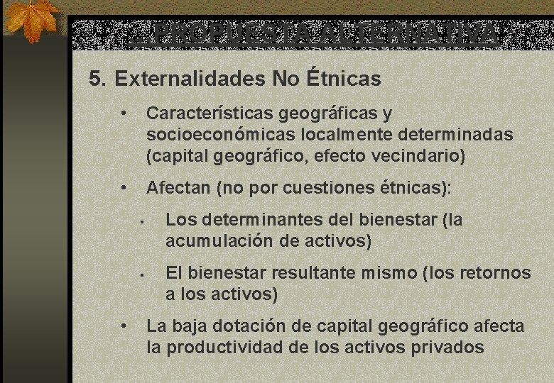 …PROPUESTA ALTERNATIVA 5. Externalidades No Étnicas • Características geográficas y socioeconómicas localmente determinadas (capital