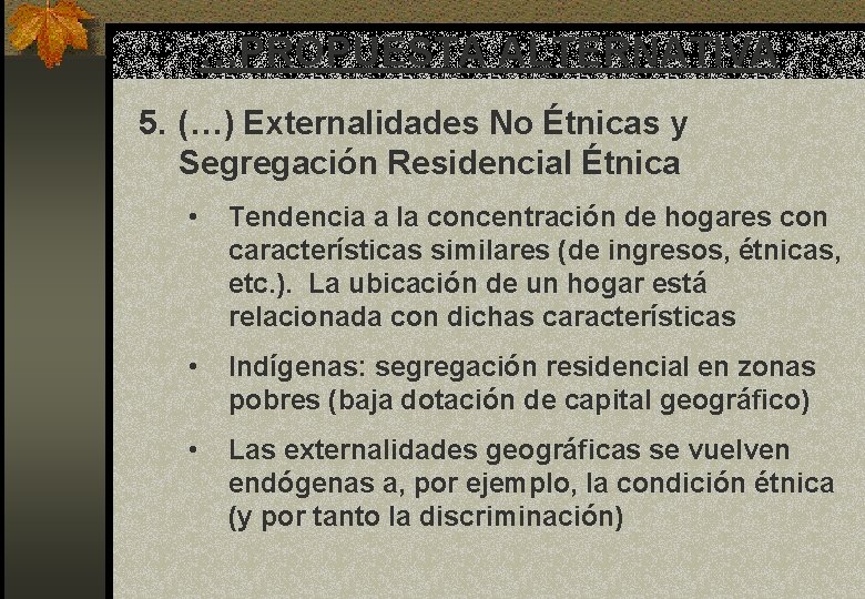 …PROPUESTA ALTERNATIVA 5. (…) Externalidades No Étnicas y Segregación Residencial Étnica • Tendencia a