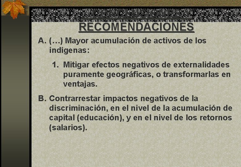 …CONCLUSIONES Y RECOMENDACIONES A. (…) Mayor acumulación de activos de los indígenas: 1. Mitigar
