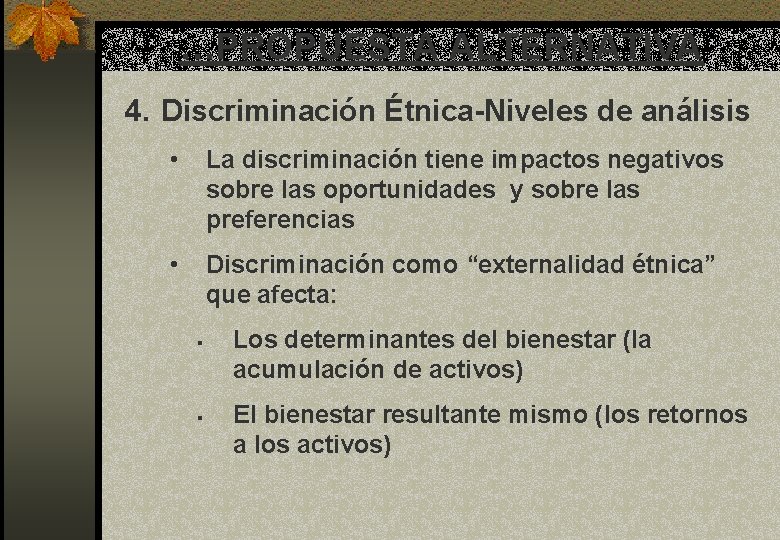 …PROPUESTA ALTERNATIVA 4. Discriminación Étnica-Niveles de análisis • La discriminación tiene impactos negativos sobre