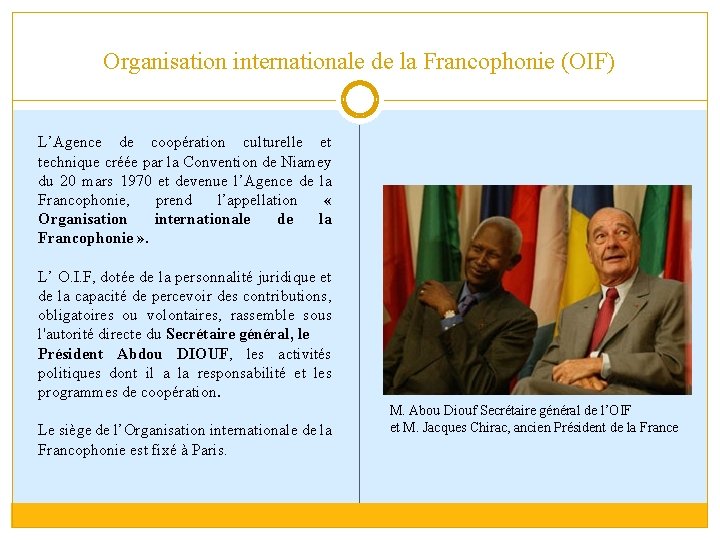 Organisation internationale de la Francophonie (OIF) L’Agence de coopération culturelle et technique créée par