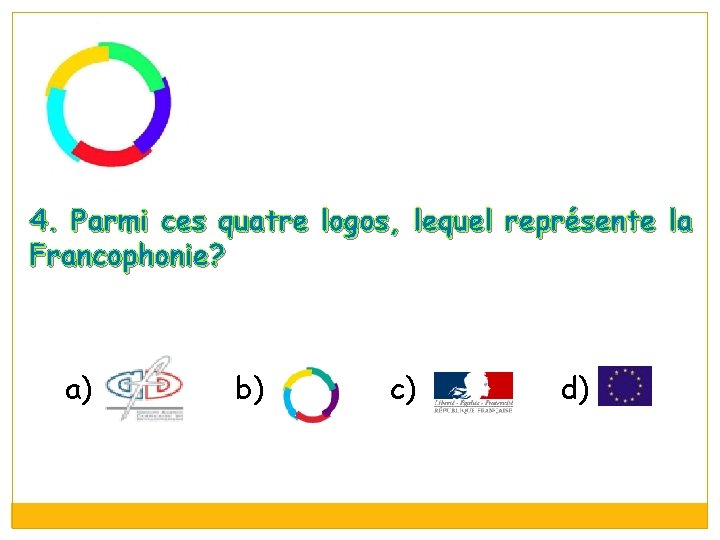 4. Parmi ces quatre logos, lequel représente la Francophonie? a) b) c) d) 