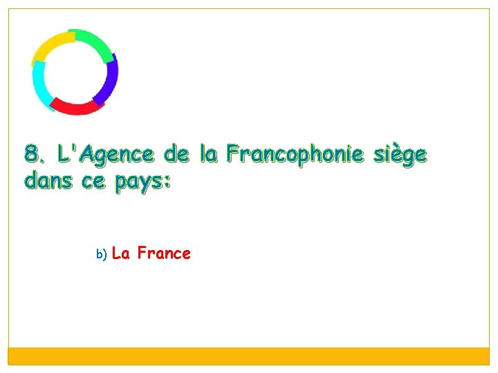 8. L'Agence de la Francophonie siège dans ce pays: b) La France 