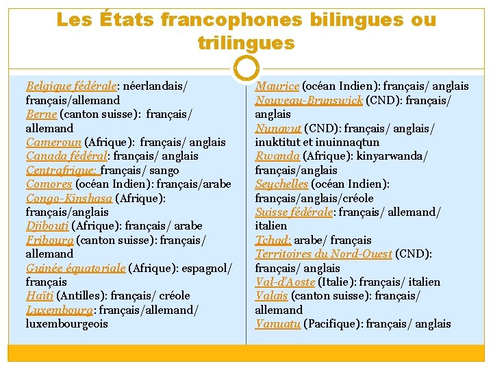 Les États francophones bilingues ou trilingues Belgique fédérale: néerlandais/ français/allemand Berne (canton suisse): français/