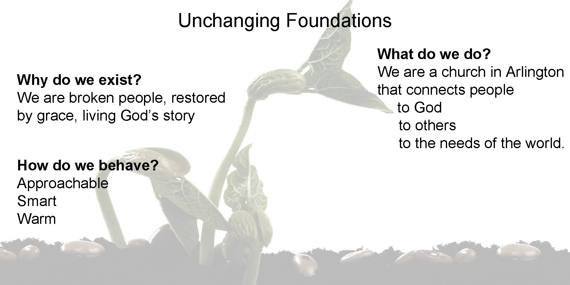 Unchanging Foundations What do we do? We are a church in Arlington that connects