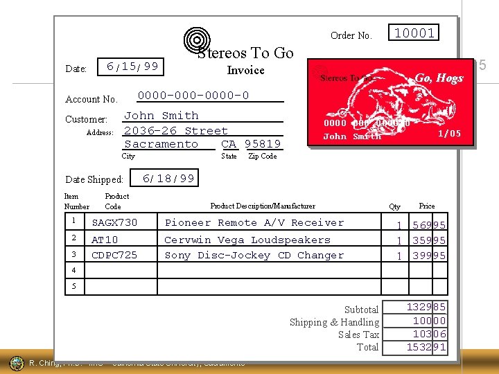 Order No. Date: Stereos To Go 6 / 15 / 99 Address: Invoice John