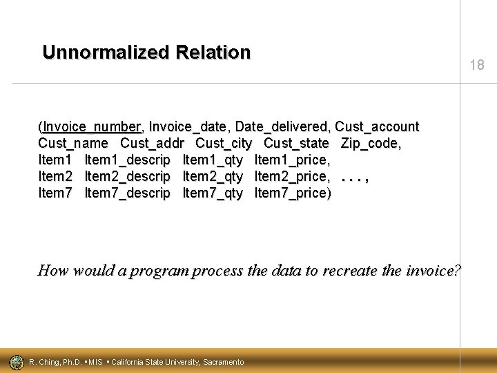 Unnormalized Relation (Invoice_number, Invoice_date, Date_delivered, Cust_account Cust_name Cust_addr Cust_city Cust_state Zip_code, Item 1_descrip Item