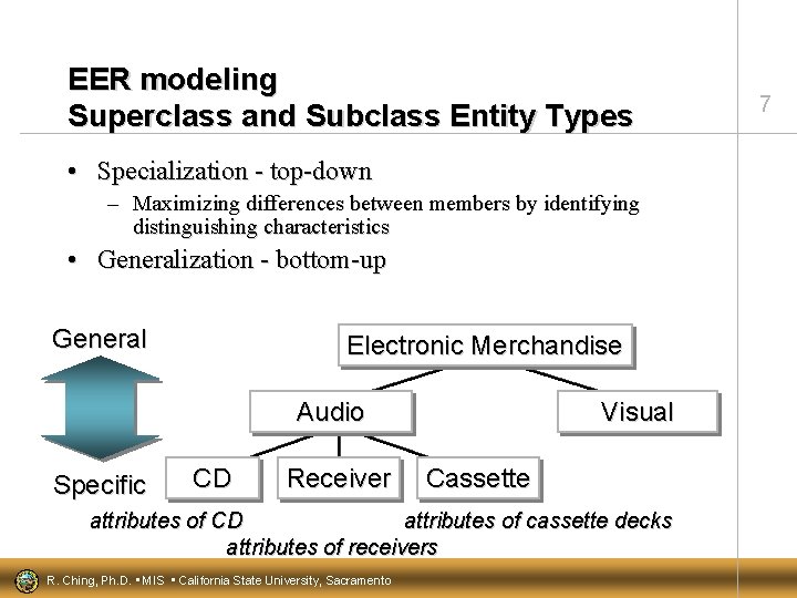 EER modeling Superclass and Subclass Entity Types • Specialization - top-down – Maximizing differences