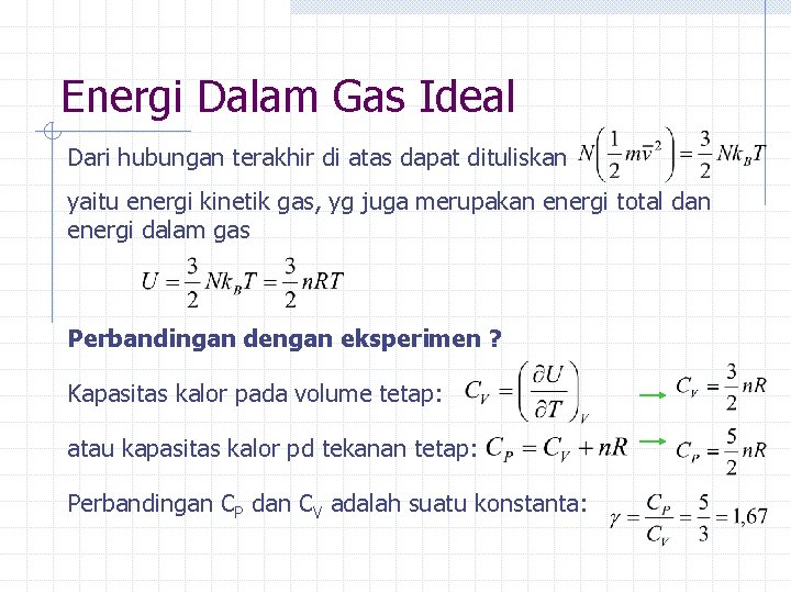 Energi Dalam Gas Ideal Dari hubungan terakhir di atas dapat dituliskan yaitu energi kinetik