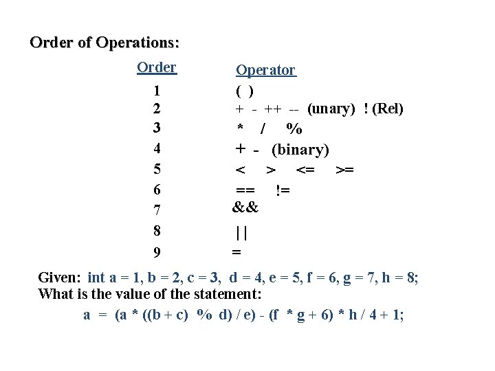 Order of Operations: Order 1 2 3 4 5 6 7 8 9 Operator Order of Operations: Order 1 2 3 4 5 6 7 8 9 Operator