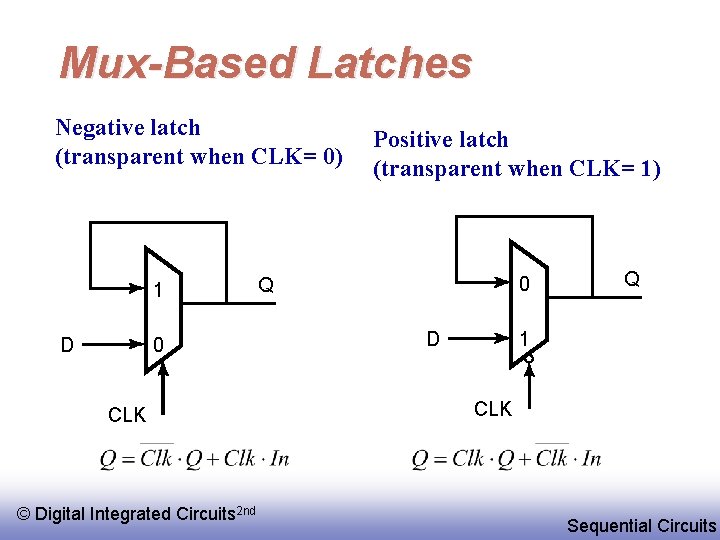 Mux-Based Latches Negative latch (transparent when CLK= 0) 1 D 0 CLK © Digital