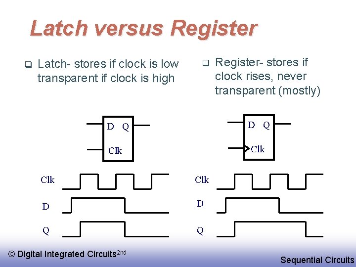 Latch versus Register q Latch- stores if clock is low transparent if clock is