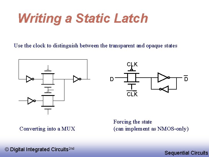 Writing a Static Latch Use the clock to distinguish between the transparent and opaque