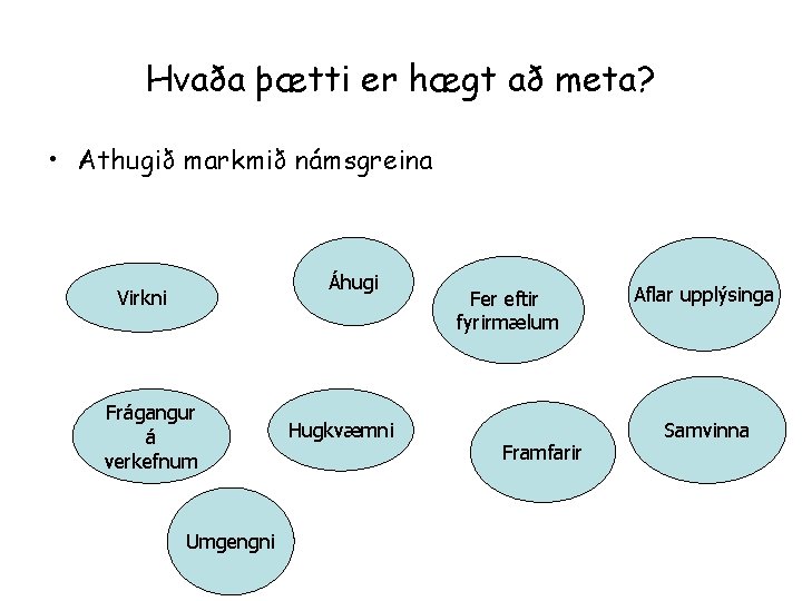 Hvaða þætti er hægt að meta? • Athugið markmið námsgreina Áhugi Virkni Frágangur á