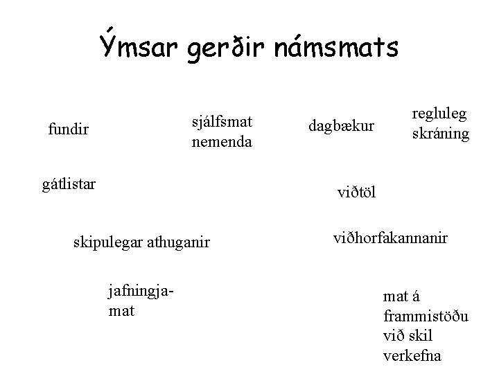 Ýmsar gerðir námsmats sjálfsmat nemenda fundir gátlistar dagbækur regluleg skráning viðtöl skipulegar athuganir jafningjamat