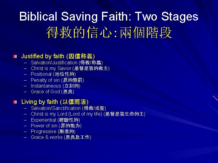 Biblical Saving Faith: Two Stages 得救的信心: 兩個階段 Justified by faith (因信称義) – – –