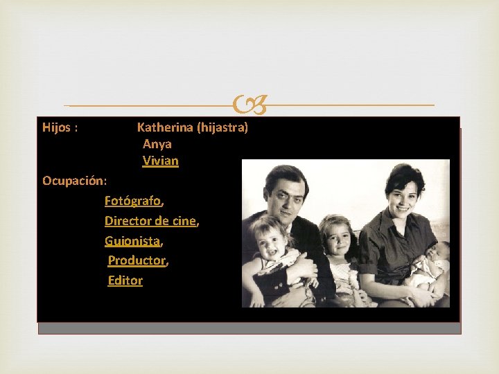  Hijos : Katherina (hijastra) Anya Vivian Ocupación: Fotógrafo, Director de cine, Guionista, Productor,