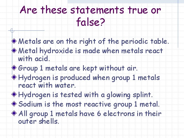 Are these statements true or false? Metals are on the right of the periodic